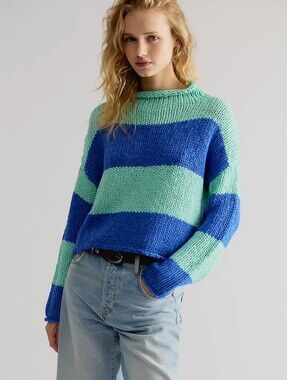Opal Rollneck Knit Stripe Sweater Electric Blue Combo
